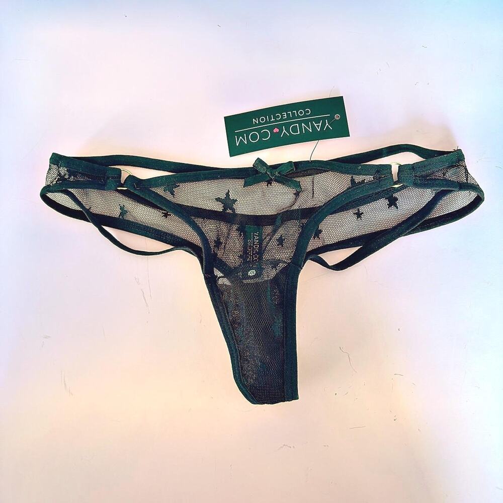 Yandy Black Mesh Thong with Embroidered Stars NWT